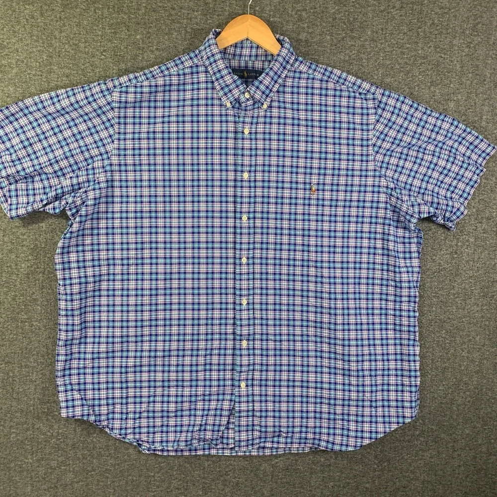 Polo Ralph Lauren Oxford Shirt Men 3XB Plaid Blue Short Sleeve Cotton Oversize